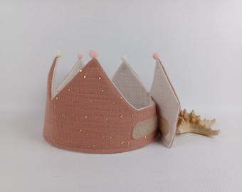 Geburtstagskrone, Stoffkrone Musselin, Krone mit Klettverschluss, Geburtstagskind, Farbe: terrakotta / bege / goldene Punkte