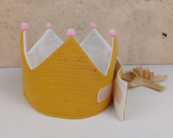 Couronne d'anniversaire en mousseline, couronne avec fermeture velcro, couronne d'anniversaire pour enfant avec nom, couleur : jaune moutarde / blanc