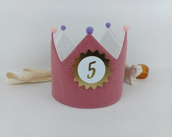 Birthday crown, crown for birthday, birthday crown muslin, child, pompoms, with name, dark old pink with glitter / white with ribbons