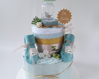Diaper cake with muslin cloth, neutral, baby socks, baby tea bottle, gift for birth / baby shower