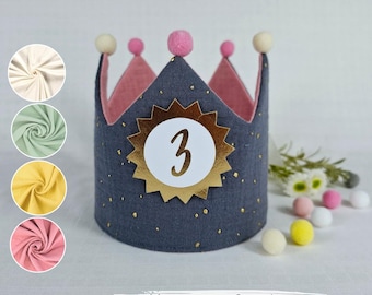 Birthday crown, fabric crown muslin with name, crown for birthday child with pompoms, color: gray/star gold with ribbons
