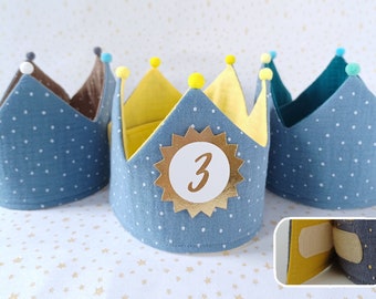 Birthday crown, birthday crown muslin, Birthday Party Crown, birthday child, color: jansblau/petrol, brown, yellow
