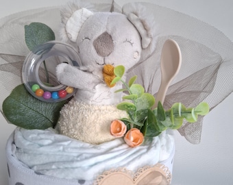 Diaper cake with muslin cloth, neutral, burp cloth, gift for birth / baby shower, mini diaper cake, baby rattle in koala design