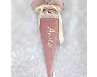 Daycare cone, school cone, candy cone, kindergarten cone made of muslin / powder pink/old pink - 35/70 cm