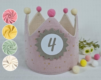 Birthday crown, crown birthday, fabric crown muslin with name, crown for birthday child, color: light mauve/star gold with ribbons