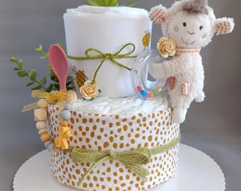 Diaper cake, diaper cake with muslin cloth, neutral, gift for birth / baby shower, rattle-grasping toy lamb