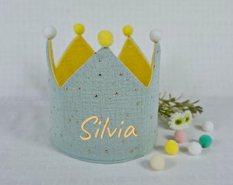 Birthday crown, fabric crown muslin with name, crown for birthday child with pompoms, color: menthol/gold