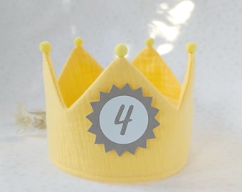 Birthday crown, birthday fabric crown, birthday party crown, with name, pompoms / color: light yellow/sun yellow