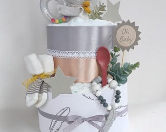 Diaper cake neutral, with muslin cloth, baby socks, porridge spoon, baby bottle, gift for birth / baby shower / diaper cake koala design