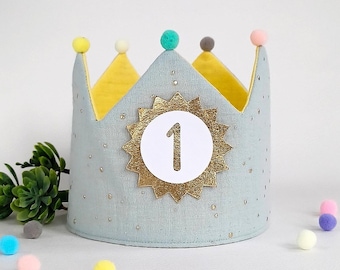Birthday crown muslin, birthday crown, cotton fabric crown, crown with name, gold mint/yellow with ribbons