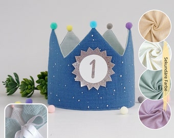 Birthday crown, Birthday Party Crown, Birthday Child, Fabric Crown Muslin, Birthday Crown with Pompoms, with Name, with Ribbons