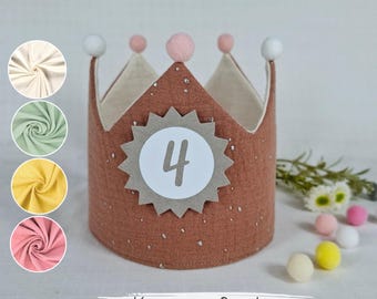 Birthday crown, fabric crown muslin with name, crown for birthday child with pompoms, color: terracotta/star silver with ribbons