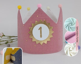 Birthday crown with Velcro fastener, fabric crown muslin, birthday party crown, crown for child's birthday, pompoms, with name, crown