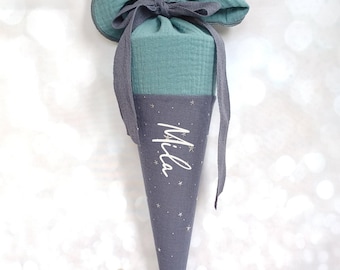 Daycare cone, school cone, candy cone, kindergarten cone made of muslin / menthol/anthracite-grey - 35/70 cm