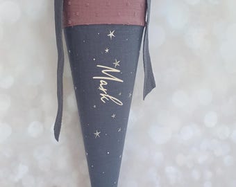 Daycare cone, school cone, candy cone, kindergarten cone made of muslin / purple/anthracite-grey - 35/70 cm