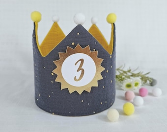 Birthday crown, fabric crown muslin with name, crown for birthday child with pompoms, color: dark gray/stars gold