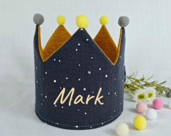 Birthday crown, fabric crown muslin with name, crown for birthday child with pompoms, color: dark grey/star silver