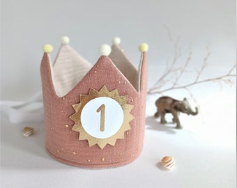 Birthday crown, fabric crown muslin, crown for birthday child, birthday party crown, color: light terracotta / beige / golden dots