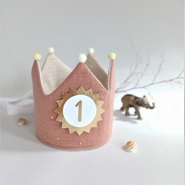 Birthday crown, fabric crown muslin, crown for birthday child, birthday party crown, color: light terracotta / beige / golden dots