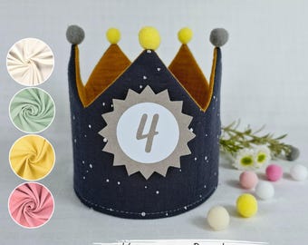 Birthday crown, fabric crown muslin with name, crown for birthday child with pompoms, color: dark gray/star silver with ribbons