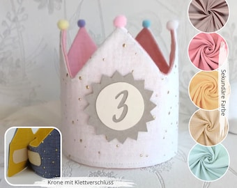 Couronne d'anniversaire avec fermeture velcro, couronne en tissu mousseline, couronne de fête d'anniversaire, couronne pour anniversaire d'enfant, pompons, avec nom, couronne