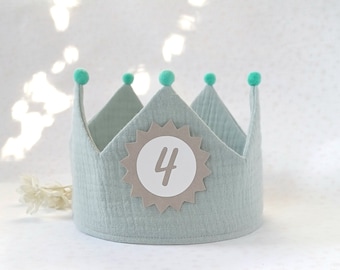 Birthday crown, birthday crown, birthday child fabric crown, Birthday Party Crown, with name, pompoms / Color: menthol / menthol