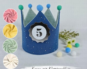 Birthday crown, fabric crown muslin with name, crown for birthday child with pompoms, color: blue/star silver