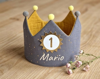 Muslin birthday crown, photo prop, christening gift, birthday, children's crown with ribbons or Velcro closure / grey
