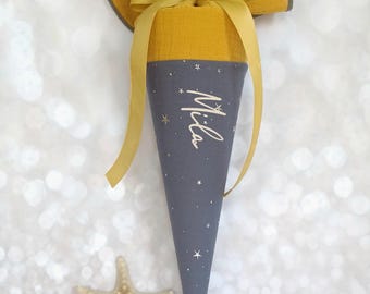 Daycare cone, school cone, candy cone, kindergarten cone made of muslin / mustard/anthracite-grey - 35/70 cm