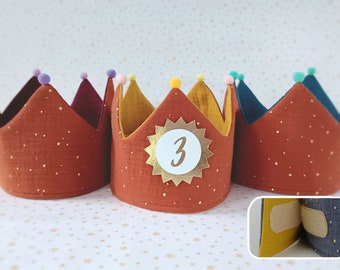 Couronne d'anniversaire avec fermeture velcro, anniversaire, couronne en mousseline, anniversaire enfant, couleur : terracotta points dorés/pétrole, mûre, moutarde