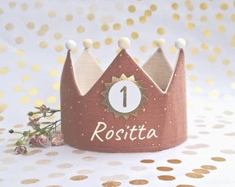 Personalized muslin birthday crown – crown with name – birthday – children's crown with ribbons or Velcro closure / terracotta
