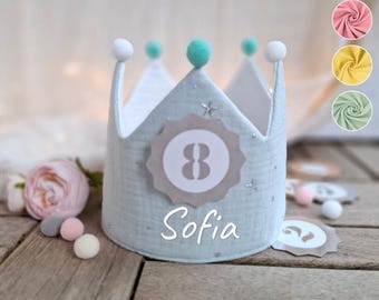 Birthday crown, Birthday Party Crown, fabric crown muslin with name, crown for birthday child, color: menthol-light/stars with ribbons