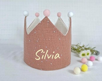 Birthday crown, fabric crown muslin with name, crown for birthday child with pompoms, color: terracotta/star silver
