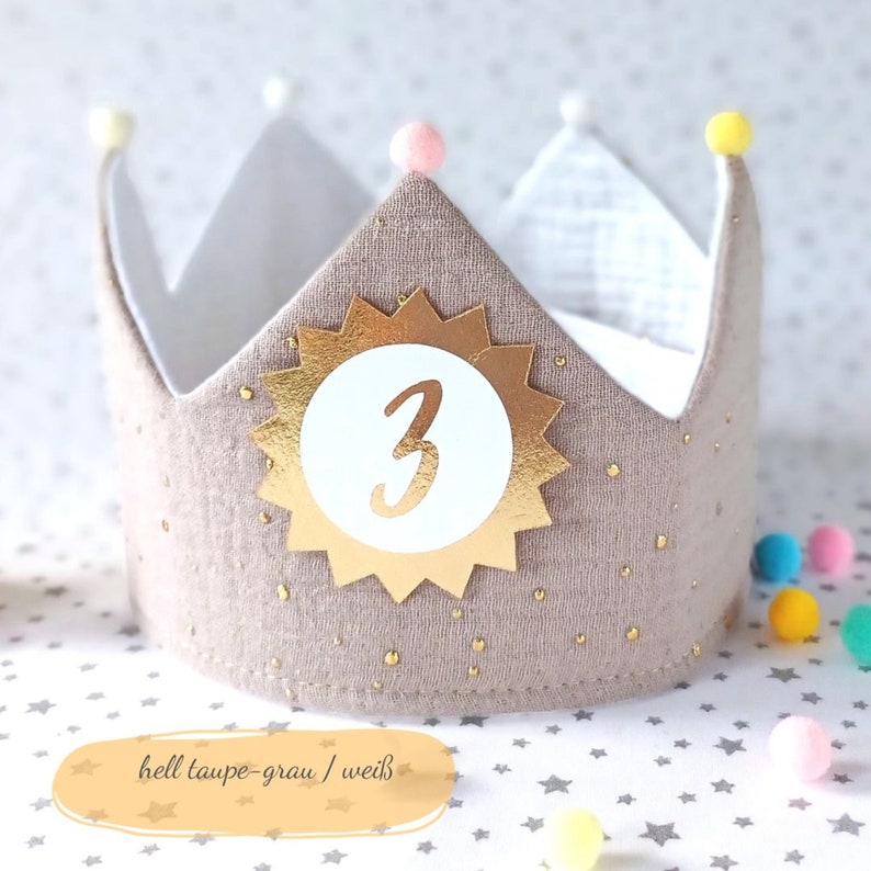 Birthday crown with Velcro fastener, fabric crown muslin, birthday party crown, crown for child's birthday, pompoms, with name, crown image 3