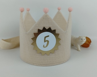 Birthday crown, fabric crown muslin personalized with name, milk white with glitter, cream white with ribbons