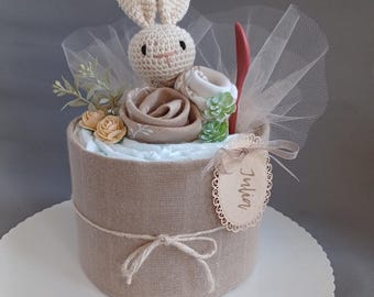 Diaper cake with muslin cloth, neutral, baby bunny rattle, burp cloth, gift for birth / baby shower, mini diaper cakes