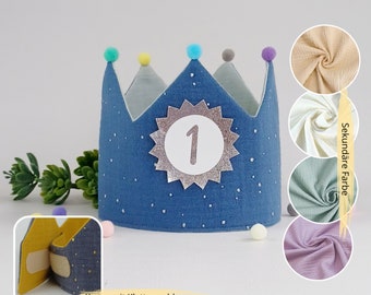 Birthday crown, birthday crown, fabric crown muslin, birthday party crown, crown for birthday child, pompoms, with name, crown