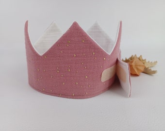 Geburtstagskrone, Stoffkrone Musselin, Krone mit Klettverschluss, Geburtstagskind, Farbe: altrosa / weiß