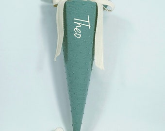 School cone, daycare cone, candy cone, kindergarten cone, school cone made of muslin sage green / old green - 35/70 cm