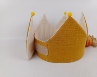 Geburtstagskrone, birthday crown Stoffkrone Musselin, Krone mit Klettverschluss, Geburtstagskind, Farbe: senf mit Glitzer / beige