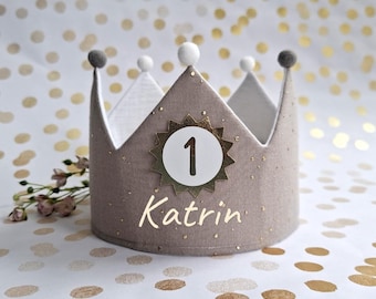 Personalized muslin birthday crown – crown with name – birthday – children's crown with ribbons or Velcro closure / taupe