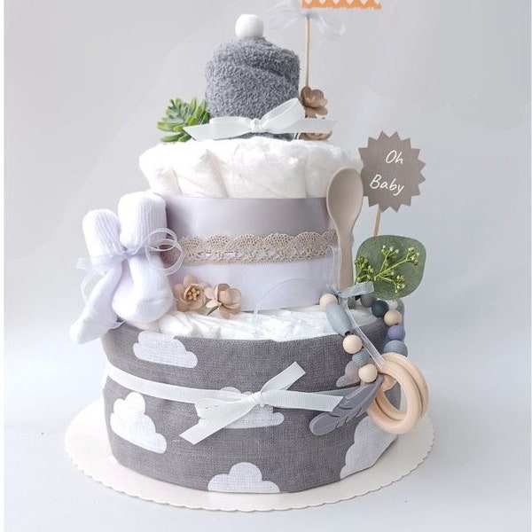 Windeltorte mit Musselintuch, Neutral, Baby Socken, Breilöffel, Frottee-Spucktuch, Geschenk zur Geburt /Babyparty