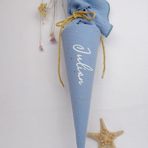 Cartable, sac de crèche, sac à sucre, sac de maternelle, cartable en mousseline / bleu ciel/étoiles argentées - 35/70 cm