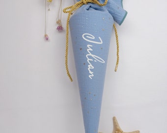 School cone, daycare cone, candy cone, kindergarten cone, school cone made of muslin / sky blue/silver stars - 35/70 cm