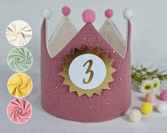 Birthday crown, fabric crown muslin with name, crown for birthday child with pompoms, color: old pink/gold stars