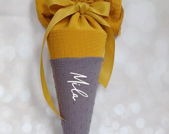 Daycare cone, school cone, candy cone, kindergarten cone made of muslin / mustard/grey - 35/70 cm