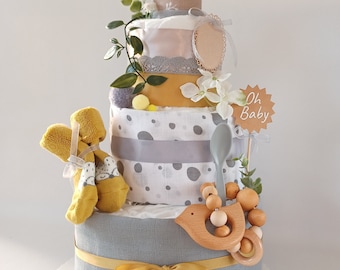 Diaper cake, diaper cake with muslin cloth, neutral, baby socks, baby wooden rattle, terry cloth burp cloth, gift for birth / baby shower
