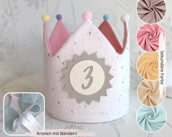 Birthday crown, Birthday Party Crown, Birthday Child, Fabric Crown Muslin, Birthday Crown with Pompoms, with Name / White / Pink with Ribbons