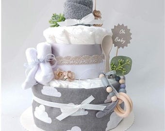 Diaper cake with muslin cloth, neutral, baby socks, porridge spoon, terry cloth burp cloth, gift for birth / baby shower