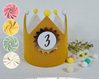 Birthday crown, crown birthday, fabric crown muslin with name, crown for birthday child, color: mustard yellow/gold stars with ribbons